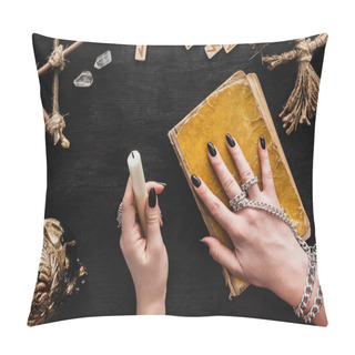 Personality  Top View Of Woman Holding Candle Near Aged Book, Voodoo Doll, Runes, Crystals And Skull On Black  Pillow Covers