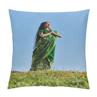 Personality  Happy Indian Woman In Sari With Praying Hands And Closed Eyes On Lawn Under Blue Sky, Summer Day Pillow Covers