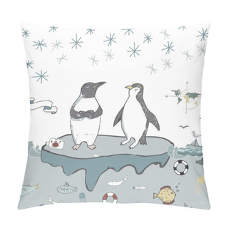 Personality  Penguins Ice Floe Vector Celebration Greeting Birthday Card Winter Mood Friendly School Xmas Day Letter Holidays Landscape Snow Flake, Cute Animal Face Smile On White Background Pillow Covers