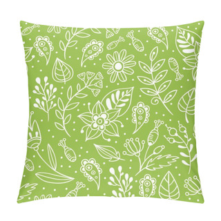 Personality  Flowers And Herbs Vector Seamless Pattern. Floral Background With Green And White Leaves And Plants. Hand Drawn Botanic Texture In Doodle Style Pillow Covers