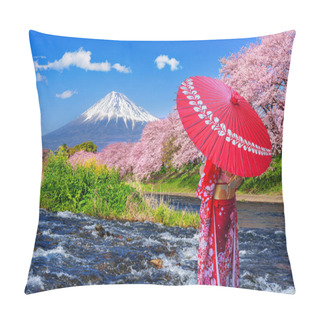 Personality  Asian Woman Wearing Japanese Traditional Kimono And Looking At Cherry Blossoms With Fuji Mountains In Shizuoka, Japan. Pillow Covers