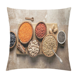 Personality  Top View Of Wooden Board With Legumes, Goji Berries And Healthy Ingredients With Rustic Background Pillow Covers