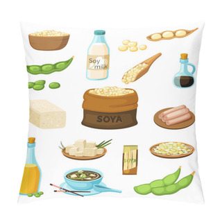 Personality  Soya. Vegetarian Products From Soya Natural Healthy Food With Protein. Vector Cartoon Illustration Pillow Covers