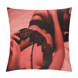 Personality  Selective Focus Of Sexy Woman Touching Stocking While Lying On Bed Pillow Covers