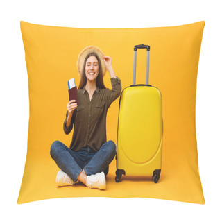 Personality  Happy Traveler Woman Holding Passport Sitting Near Suitcase, Yellow Background Pillow Covers