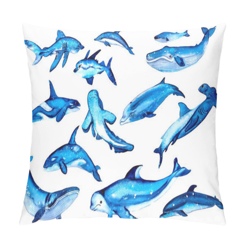 Personality  Vintage watercolor elements in a nautical theme. Hand drawn whale, shark, dolphin, killer whale, fish, beluga. Ocean life. Deep sea animals. for stickers, design diaries, gliders. pillow covers