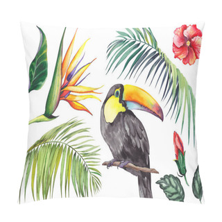 Personality  Tropical Set With A Toucan, Palm Leaves, Strelitzia And Hibiscus Flowers. Watercolor On White Background. Isolated Elements For Design. Pillow Covers