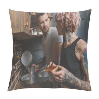 Personality  Tattooed Couple Cooking Breakfast At Kitchen Pillow Covers