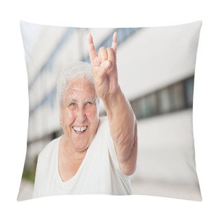 Personality Old Woman Showing Rock Symbol Pillow Covers