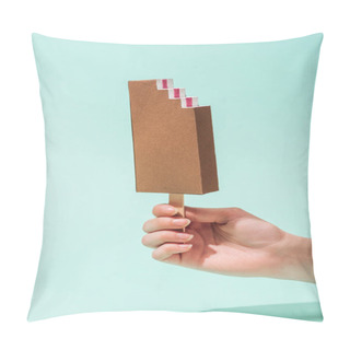 Personality  Cropped View Of Young Woman Holding Paper Ice Cream On Turquoise Pillow Covers