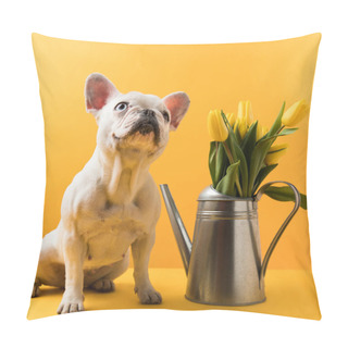Personality  Cute French Bulldog Sitting Near Watering Can With Yellow Tulips On Yellow Pillow Covers