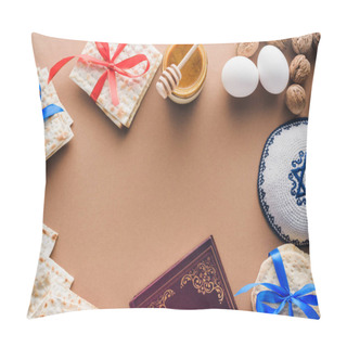 Personality  Top View Of Traditional Book With Text In Hebrew, Kippah And Matza On Brown Table Pillow Covers