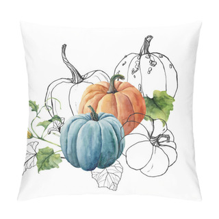 Personality  Watercolor Colored And Black Pumpkins Bouquet. Hand Painted Orange And Blue Pumpkins With Leaves Isolated On White Background. Autumn Festival. Botanical Illustration For Design, Print Or Background. Pillow Covers
