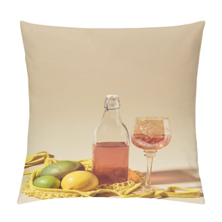 Personality  Close-up View Of Drink In Glass And Bottle, String Bag And Fresh Fruits On Brown   Pillow Covers