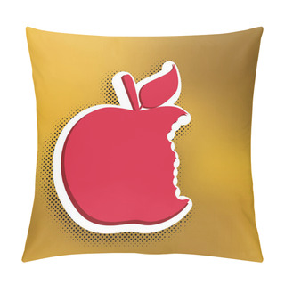 Personality  Bited Apple Sign. Vector. Magenta Icon With Darker Shadow, White Sticker And Black Popart Shadow On Golden Background. Pillow Covers