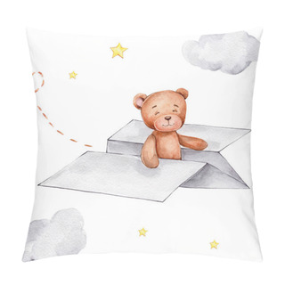Personality  Cute Teddy Bear In Paper Plane Hand Drawn Watercolor Illustration Pillow Covers