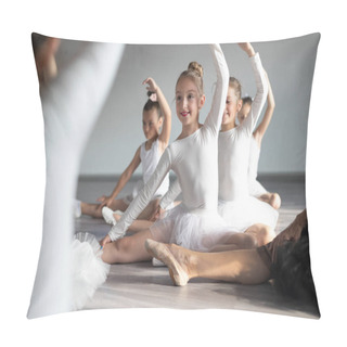 Personality  Group Of Fit Little Ballerinas Doing Exercises In Dance School Pillow Covers