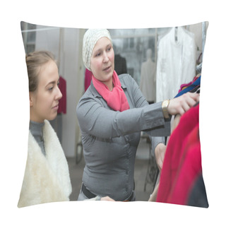 Personality  Shopping At Department Store Customer And Saleslady Interacting Pillow Covers