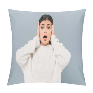 Personality  Shocked Pretty Brunette Girl In White Sweater Covering Ears Isolated On Grey Pillow Covers