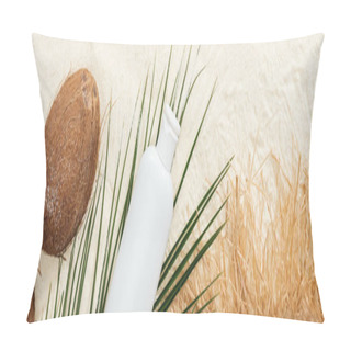 Personality  Top View Of Palm Leaf, Sunscreen, Coconuts And Straw Hat On Sand, Panoramic Shot Pillow Covers