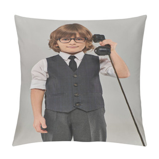Personality  A Well-dressed Young Gentleman In Elegant Vest With Tie And Glasses Holding A Telephone On Grey Pillow Covers