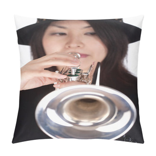 Personality  Portrait Of A Female Trumpet Player - Isolated On White Pillow Covers