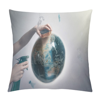 Personality  Woman's Hand Holding A Sponge And Spray To Clear The Dirty Planet Earth. The Concept Of Improving The State Of The Environment, Earth Day. Tint And Light. Pillow Covers