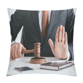 Personality  Cropped View Of Judge In Suit Holding Gavel And Showing Stop Sign Pillow Covers