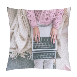 Personality  Top View Of Female Blogger Typing On Laptop At Home Pillow Covers