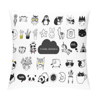 Personality Scandinavian Style, Simple Design, Clean And Cute Black, White Illustrations, Collection Of Children Doodles, Sketches Pillow Covers