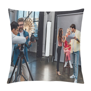 Personality  Selective Focus Of Photographer Looking At Digital Camera Near Bearded Creative Director  Pillow Covers