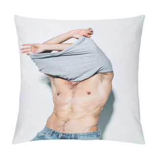 Personality  Muscular Man Taking Off T-shirt While Standing On White  Pillow Covers