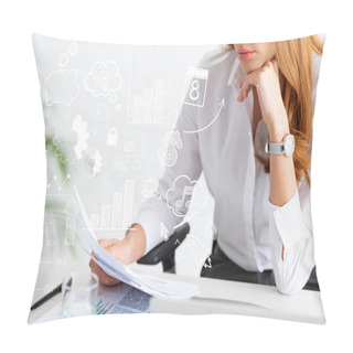 Personality  Cropped View Of Businesswoman Holding Dossier Near Graphs And Laptop On Table, Business Illustration Pillow Covers