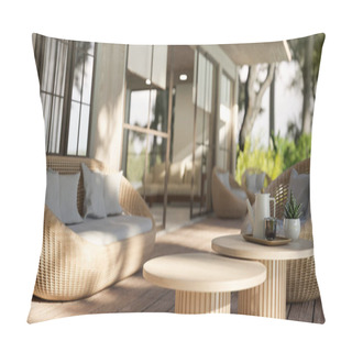 Personality  Copy Space On A Wooden Coffee Table On A Beautiful Deck With Comfortable Wicker Sofa And A Beautiful Nature View. Hotel Or Restaurant Outdoor Lounge. 3d Render, 3d Illustration Pillow Covers