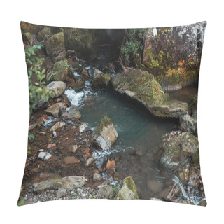 Personality  Selective Focus Of Flowing Water Near Wet Stones   Pillow Covers