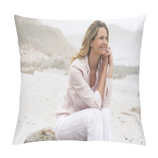 Personality  Woman Sitting On Boulder On Beach Pillow Covers