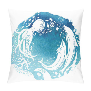 Personality The Sea World Composition With Dolphins. Watercolor Painting. The Bottom Of The Sea. The Ocean And Marine Life. Coral Reef, Sand, And A Fish. Underwater World. Pillow Covers