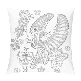 Personality  Cute Christmas Bird With Berries. Winter Holiday Decoration. Black And White Elements. Traditional Decor For Season Design. Hand Drawn Illustration For Children And Adults, Coloring Books And Tattoo. Pillow Covers