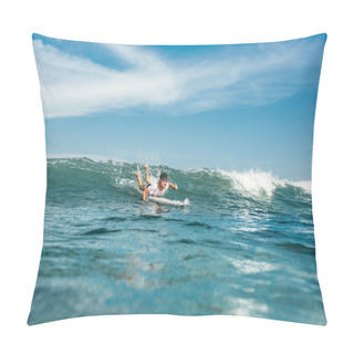 Personality  Distant View Of Male Sportsman Swimming On Surfing Board In Ocean At Nusa Dua Beach, Bali, Indonesia Pillow Covers