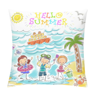 Personality  Hello Summer. Vector Children Illustration. Pillow Covers