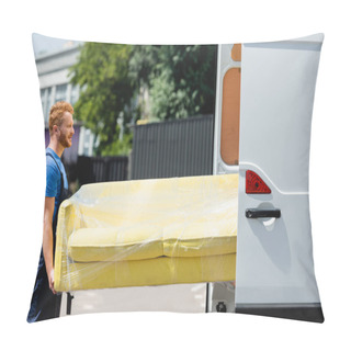 Personality  Side View Of Loader In Uniform Holding Couch In Stretch Wrap Near Truck With Open Doors On Urban Street  Pillow Covers