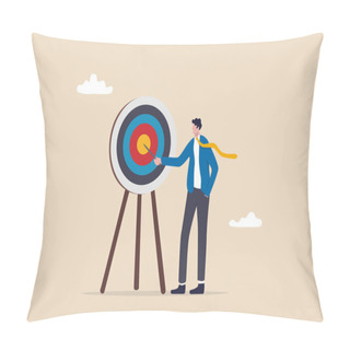 Personality  Specific Goal, Clarify Objective Or Target, Focus Or Concentrate On Purpose To Win Business Mission, Perfection Or Aiming At Target Concept, Businessman Pointing At Center Of Bullseye Archery Target. Pillow Covers