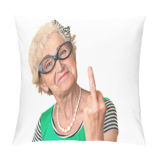 Personality  An Older Woman With An Angry Facial Expression Shows Fuck You. Isolated The Concept Of Discontent And Protest Of Old Men Pillow Covers