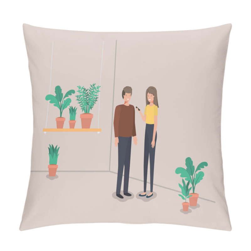Personality  couple with houseplants in shelf pillow covers