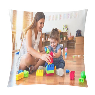 Personality  Young Beautiful Teacher And Toddler Playing With Building Blocks Toy At Kindergarten Pillow Covers