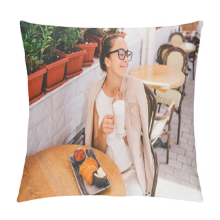 Personality  Young Beautiful Woman In Glasses Having French Breakfast In Cafe Pillow Covers