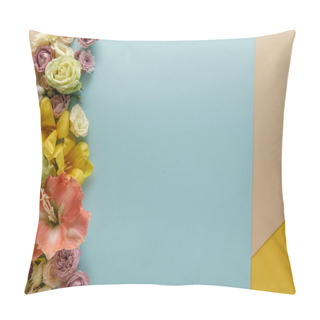 Personality  Top View Of Spring Floral Border On Beige, Blue And Yellow Background Pillow Covers