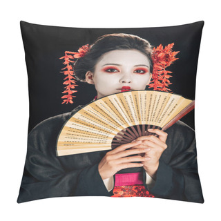 Personality  Young Geisha In Black Kimono With Red Flowers In Hair Holding Traditional Asian Hand Fan Isolated On Black Pillow Covers