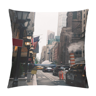 Personality  NEW YORK, USA - OCTOBER 13, 2022: Narrow Street With Cars And Lanterns Near Usa Flags In Manhattan Pillow Covers