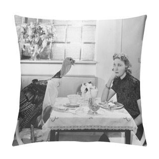 Personality  Woman Eating Meal At Table With Live Turkey Pillow Covers